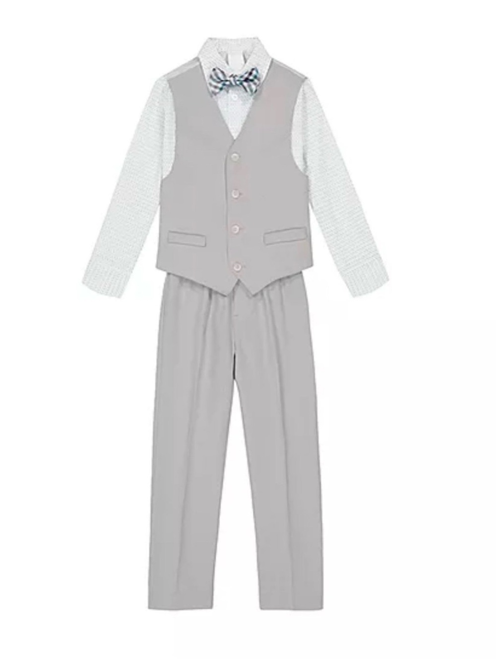 Van Heusen Toddler Boys 4piece Suit Set  Light Gray Vest & Pants Set with Bow 4T